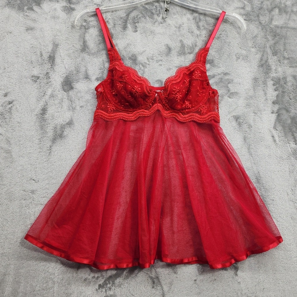 Vintage Shirley of Hollywood‎ Babydoll Womens S Red Sheer Lace Chiffon Chemise